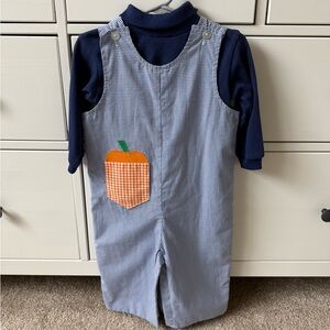 Funtasia Too Blue Gingham Overalls with Pumpkin Patch